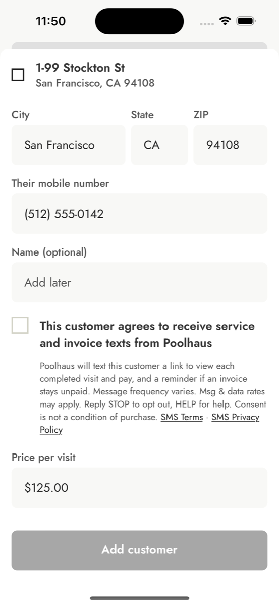 The Add a stop screen in the Poolhaus iPhone app with the unchecked SMS consent checkbox and its disclosure text